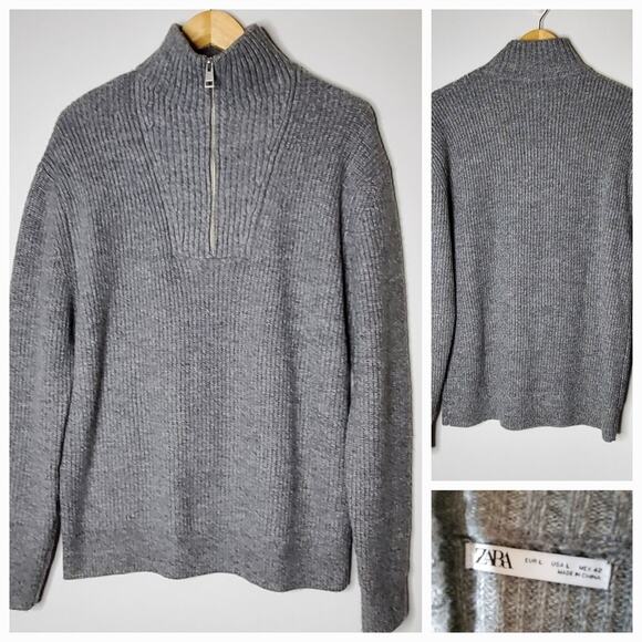 Zara Grey Mock neck 1/4 zip pull over ribbed sweater Size Large - Picture 1 of 11